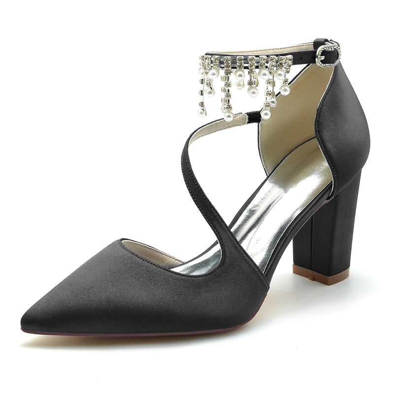 Women's Wedding Shoes Pointed Toe Crossed Strap Buckle Bridal Shoes with Pearl Tassels - Image 12