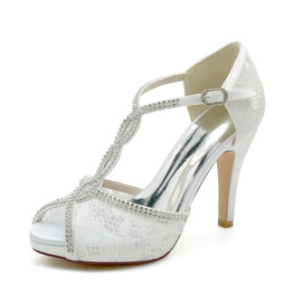 Women's Wedding Shoes Peep Toe High Heel Crossed Crystal Straps Lace Buckle Bridal Shoes