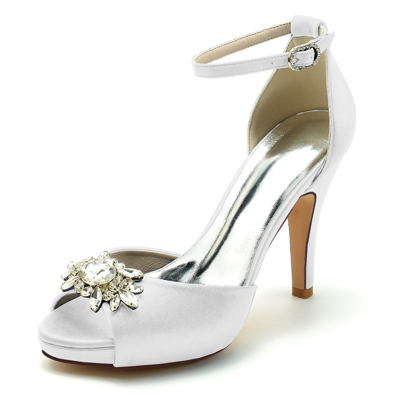 Women's Wedding Shoes Thick Sole Peep Toe Stiletto Heel Buckle Bridal Shoes with Rhinestone - Image 9