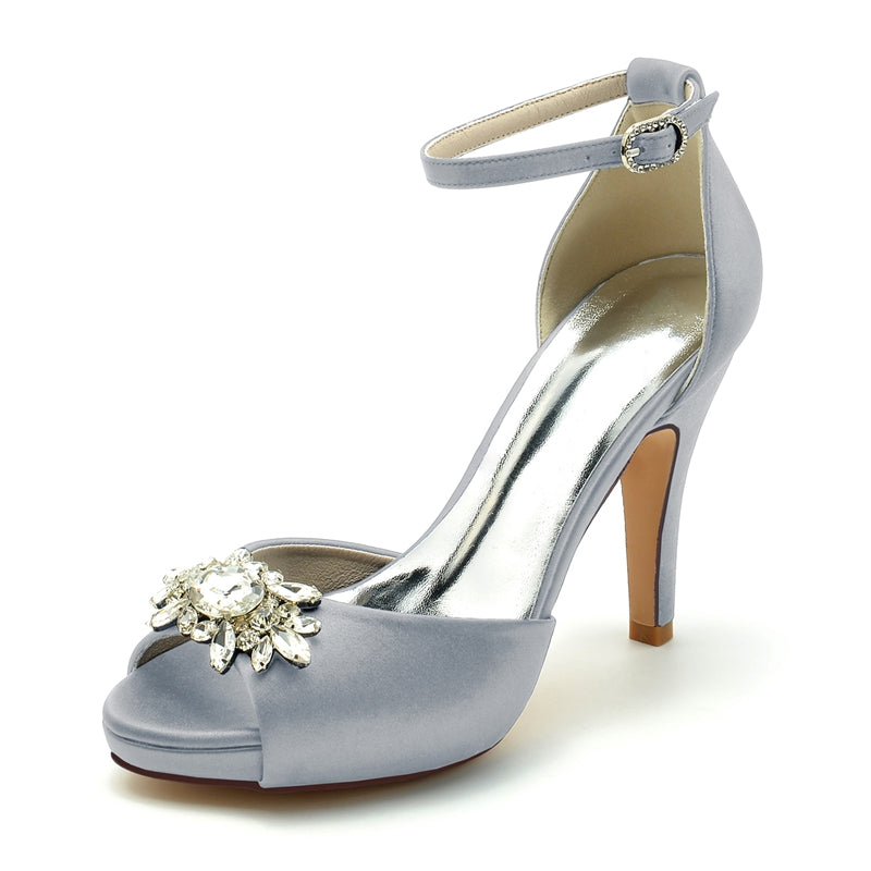 Women's Wedding Shoes Thick Sole Peep Toe Stiletto Heel Buckle Bridal Shoes with Rhinestone - Image 6