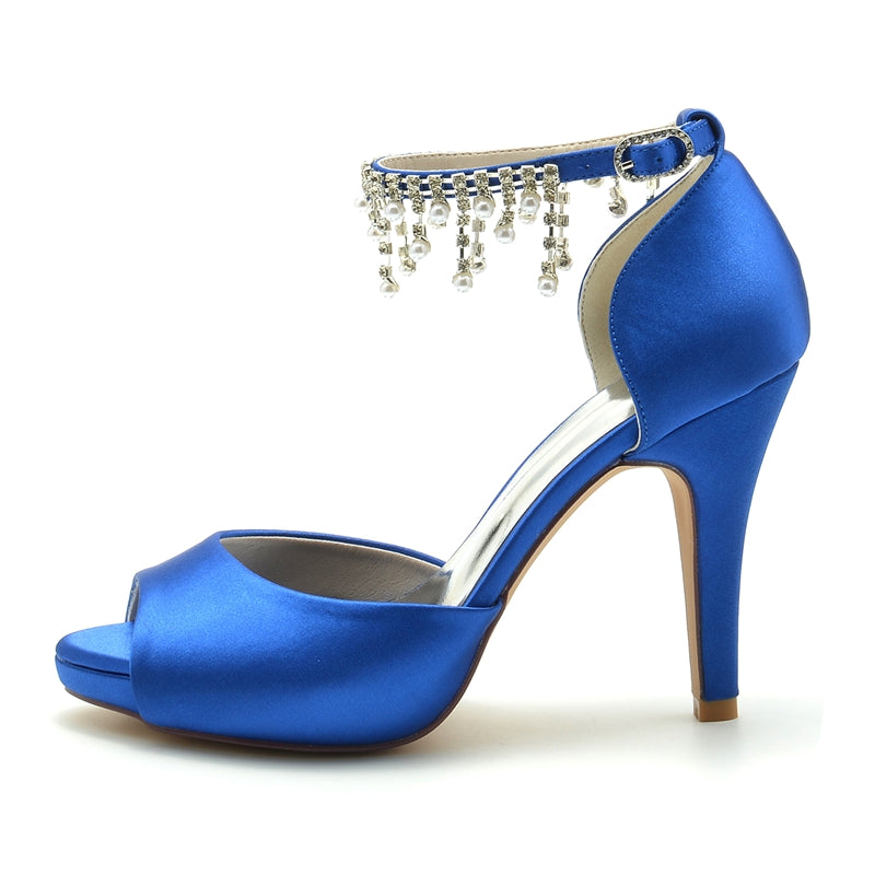 Women's Wedding Shoes Black Peep Toe Thick Sole Buckle Bridal Shoes with Pearl Tassel - Image 3