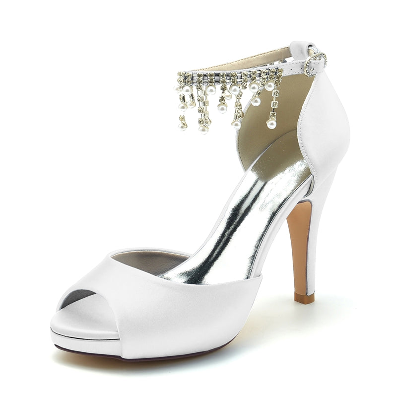 Women's Wedding Shoes Black Peep Toe Thick Sole Buckle Bridal Shoes with Pearl Tassel - Image 8