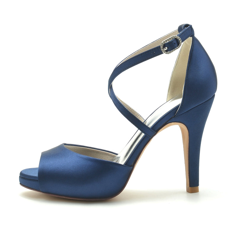 Women's Wedding Shoes Silver High Heel Thick Sole Crossed Straps Elegant Bridal Shoes - Image 3