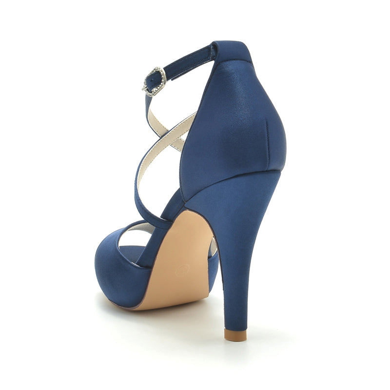 Women's Wedding Shoes Silver High Heel Thick Sole Crossed Straps Elegant Bridal Shoes - Image 5