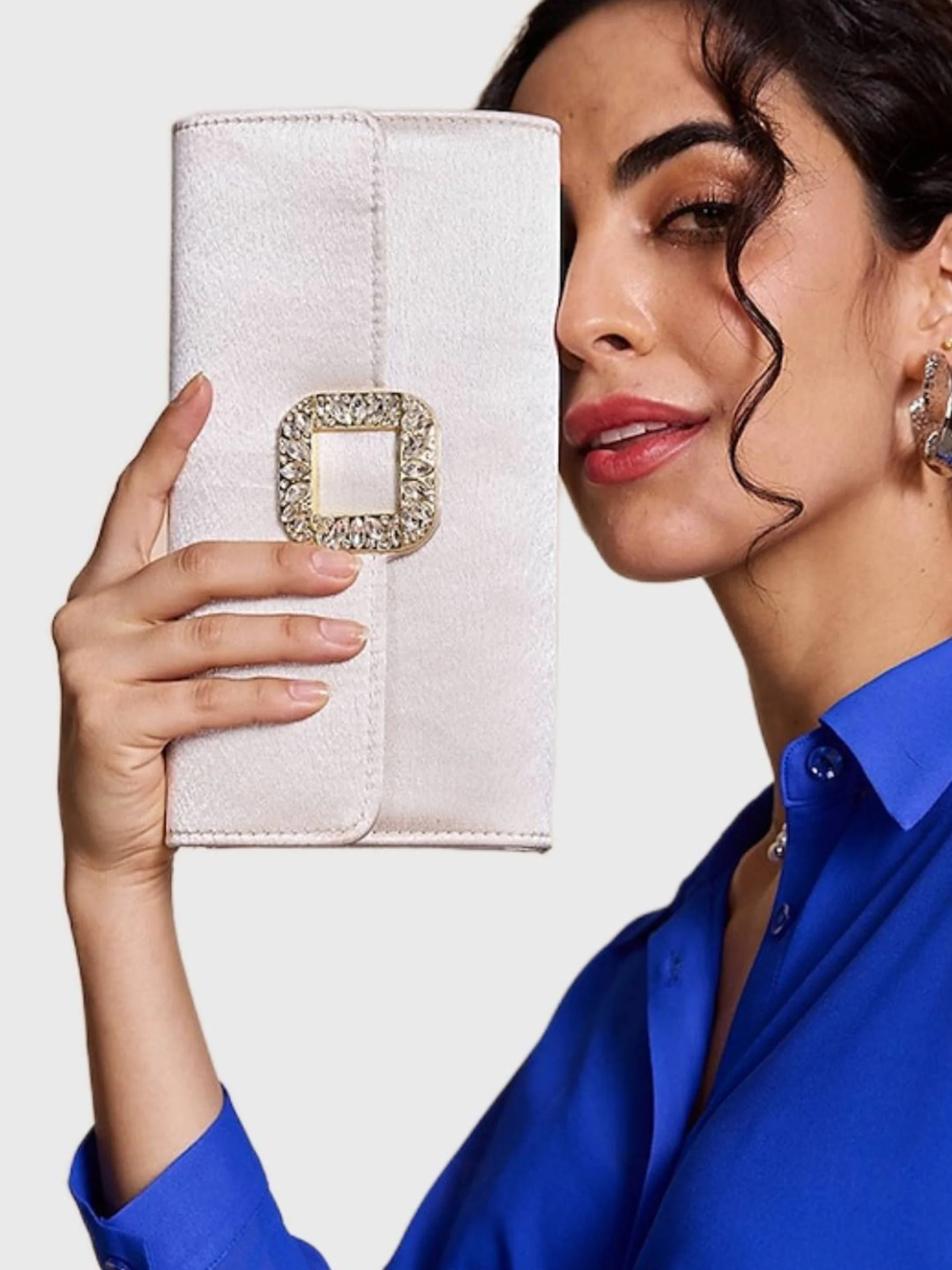 Black Satin Elegant Clutch Bag with Rhinestone Buckle - Image 2