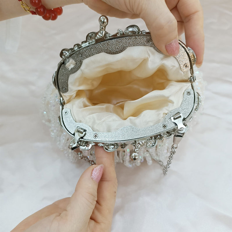 Beige Retro Silk Elegant Chain Evening Hand Bag with Beadings & Tassels - Image 2