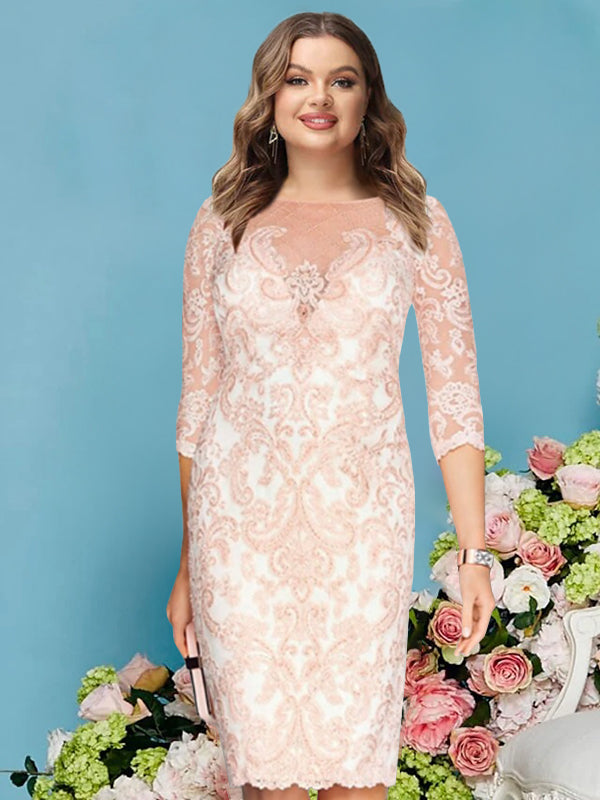 Sheath/Column Scoop Long Sleeves Knee-Length  Plus Size Mother of the Bride Dresses with Lace Beading Appliques - Image 2