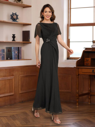 A-Line Scoop Neck Half Sleeves Ankle Length Pleated Mother of the Bride & Groom Dresses with Beadings