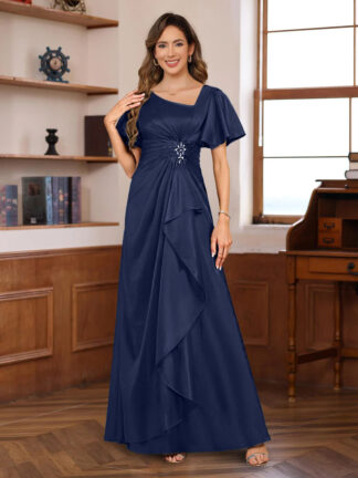 A-Line V Neck Short Sleeves Floor Length Luxurious Mother of the Bride Dresses with Beadings & Sequins