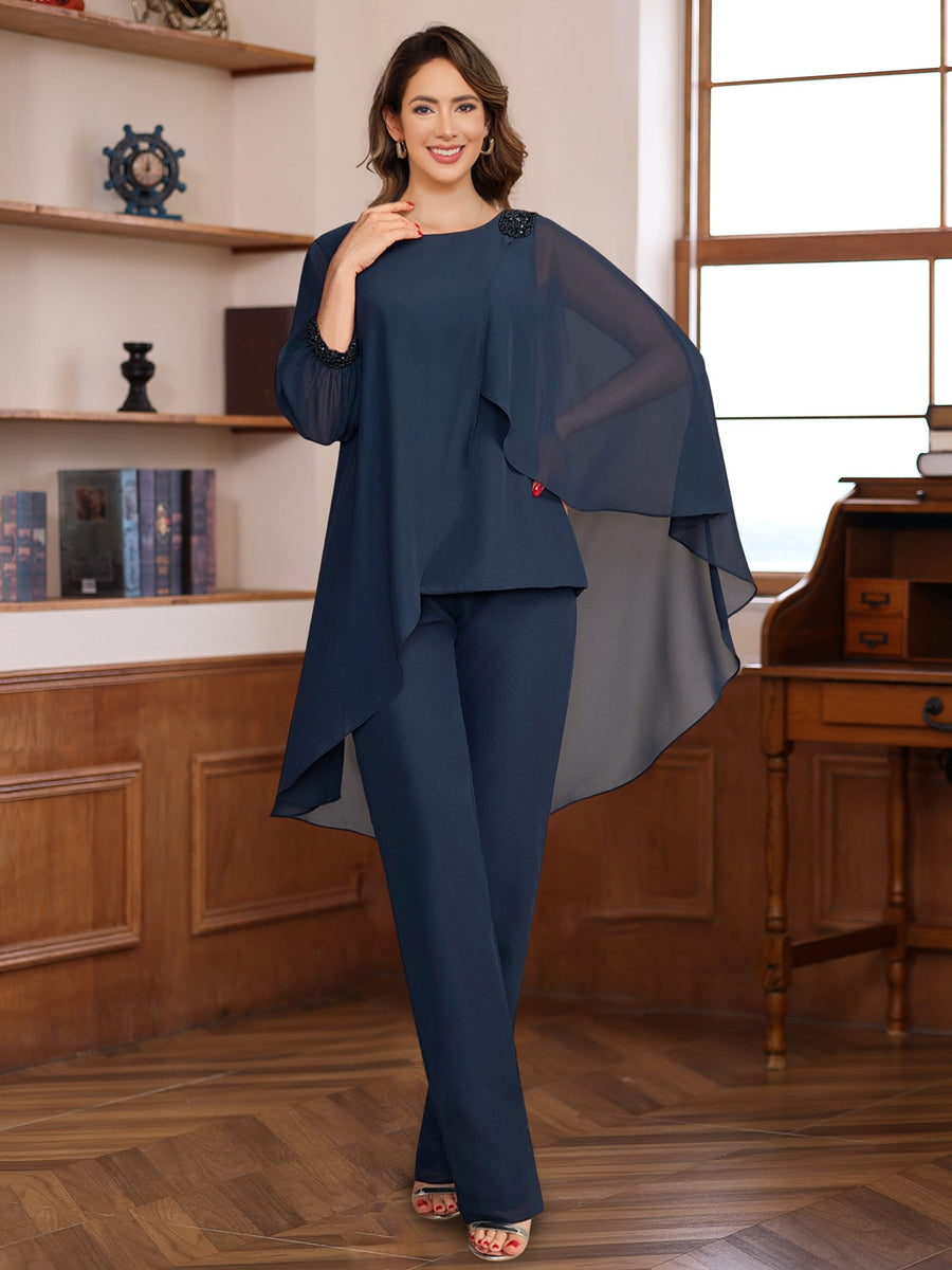 2 Pieces Chiffon Round Neck Floor-Length Mother of the Bride Pantsuits with Ruffles & Sequins & Beading - 画像 (3)