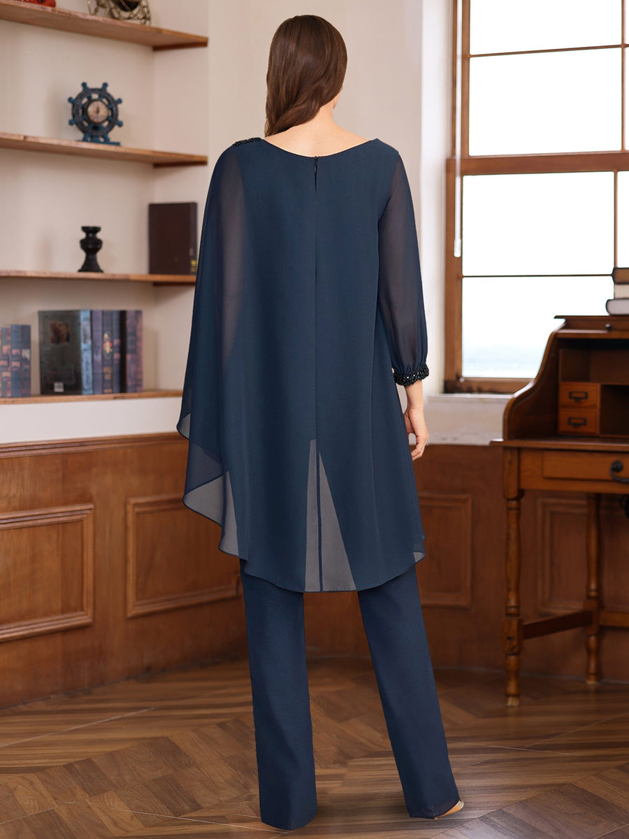 2 Pieces Chiffon Round Neck Floor-Length Mother of the Bride Pantsuits with Ruffles & Sequins & Beading - 画像 (2)