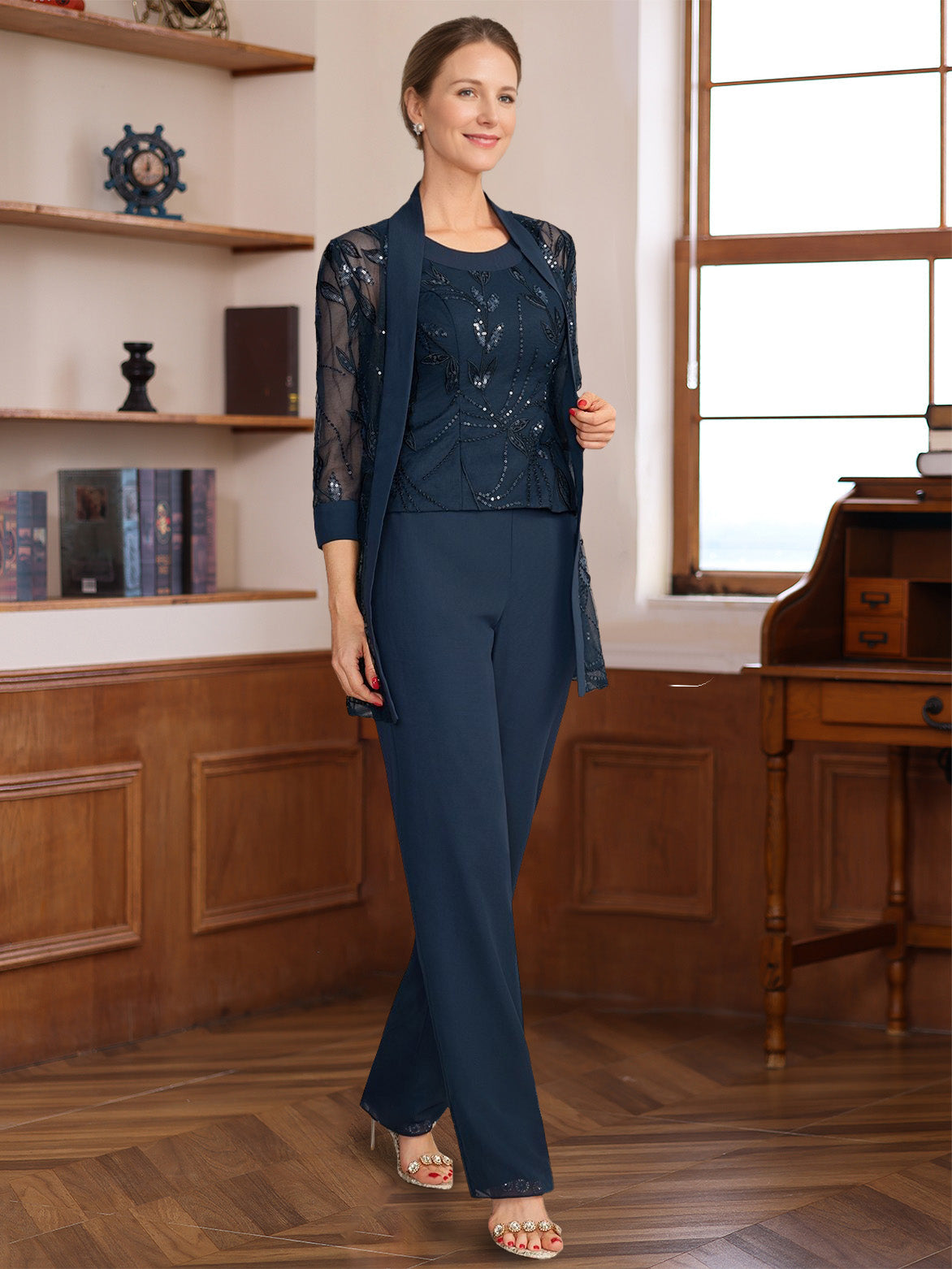 3 Pieces Scoop Sleeveless Floor-Length Mother of the Bride Pantsuits with Appliques & Sequins & Jacket - 画像 (3)
