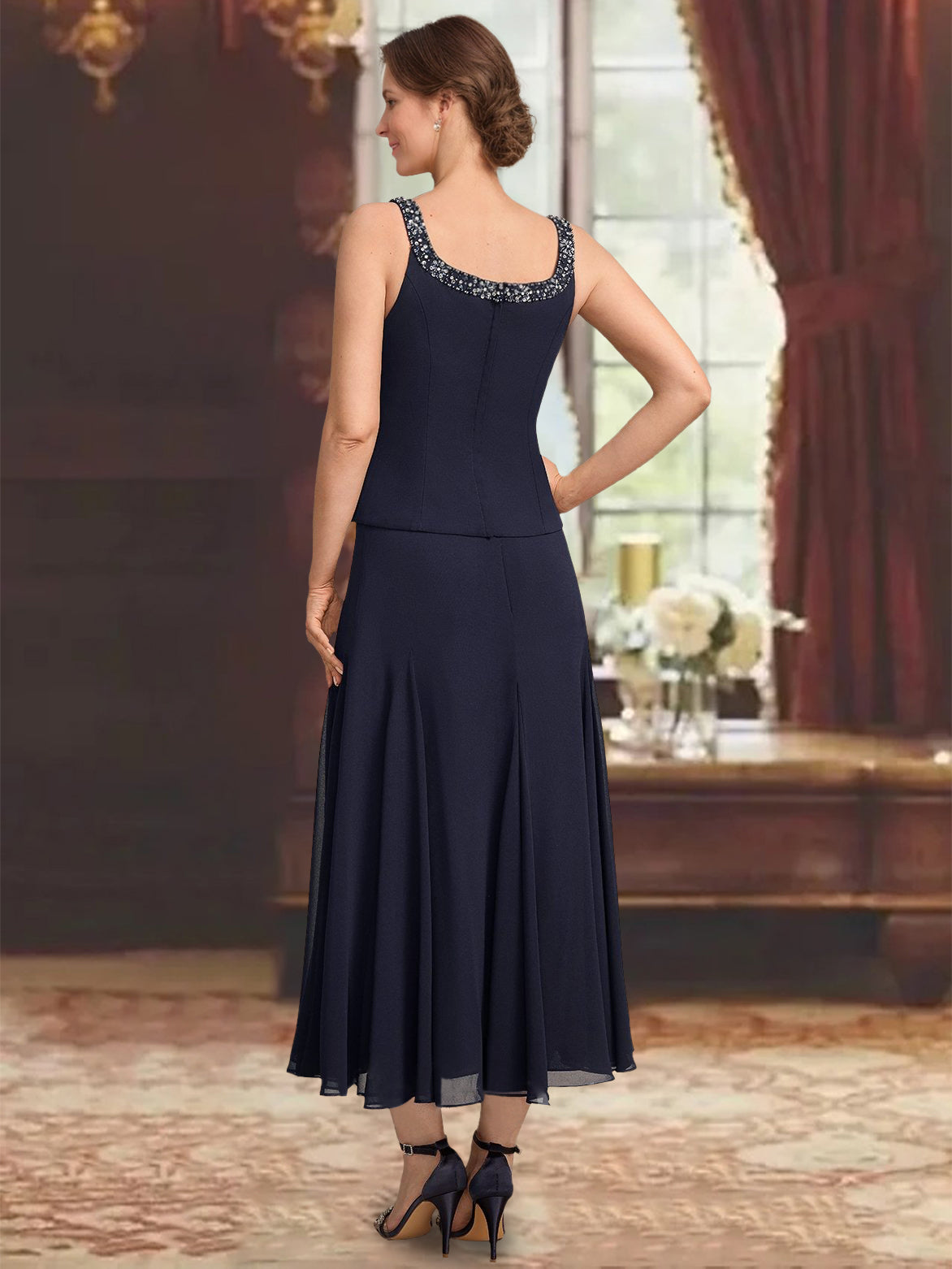 3 Pieces A-Line/Princess Scoop Sleeveless Tea-Length Pleated Mother of the Bride Dresses with Sequins & Beads - 이미지 5