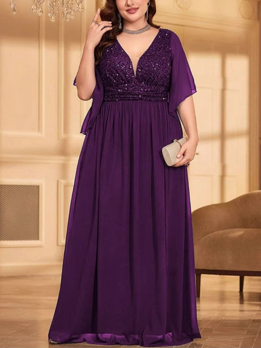 A-Line/Princess Chiffon Short Sleeves V-Neck Plus Size Mother of the Bride Dresses Sequins Floor-Length - 이미지 3