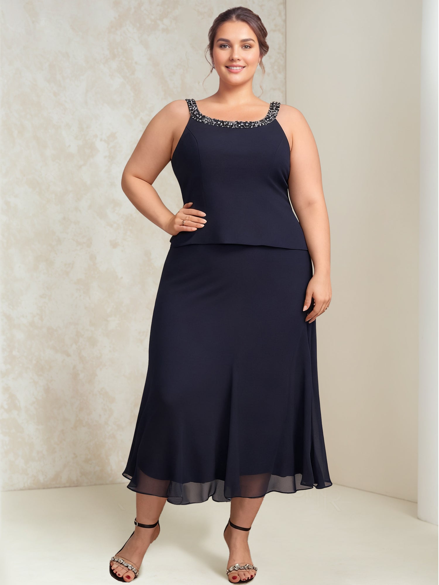 A-Line/Princess Chiffon Scoop Plus Size Mother of the Bride Dresses with Wrap/Jacket Beading - Image 3