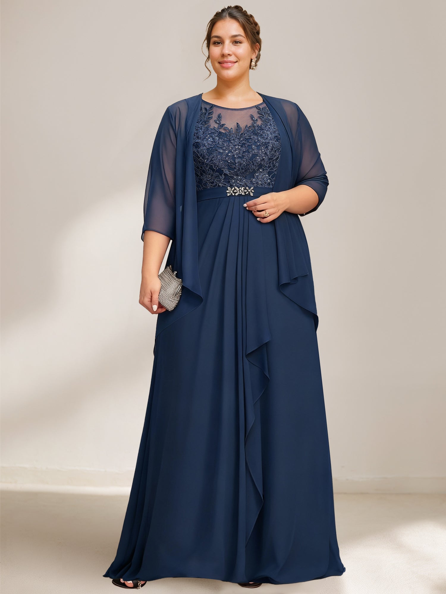 A-Line/Princess Scoop Plus Size Mother of the Bride Dresses Chiffon Lace with Wrap/Jacket