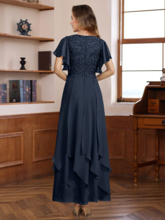 A-Line/Princess Chiffon V-Neck Mother of the Bride Dresses Lace Ankle-Length Short Sleeves Ruffles