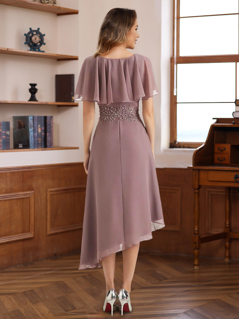 A-Line/Princess Chiffon Mother of the Bride Dresses Asymmetrical Tea-Length Beading Ruffles - 画像 (2)