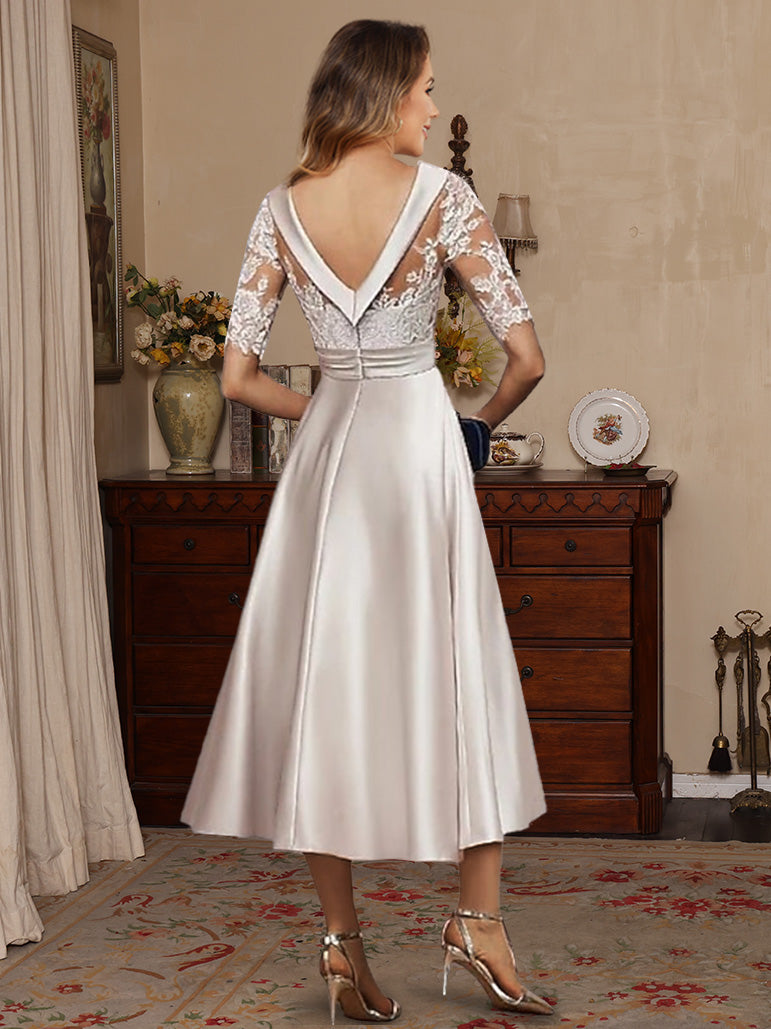 A-Line/Princess Scoop Satin Mother of the Bride Dresses Lace Half Sleeves Tea-Length - Image 2