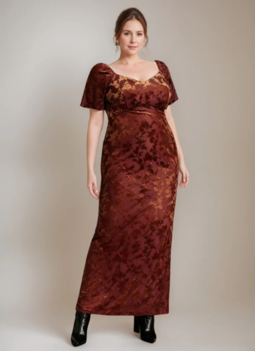 Sheath/Column Square Collar Velvet Plus Size Mother of the Bride Dresses Ruffles Short Sleeves Ankle-Length