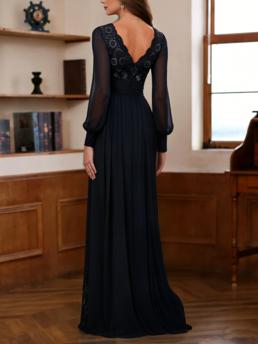 Sheath/Column V-Neck Chiffon Mother of the Bride Dresses With Overskirt Floor-Length Long Sleeves Lace Sequins - 이미지 2