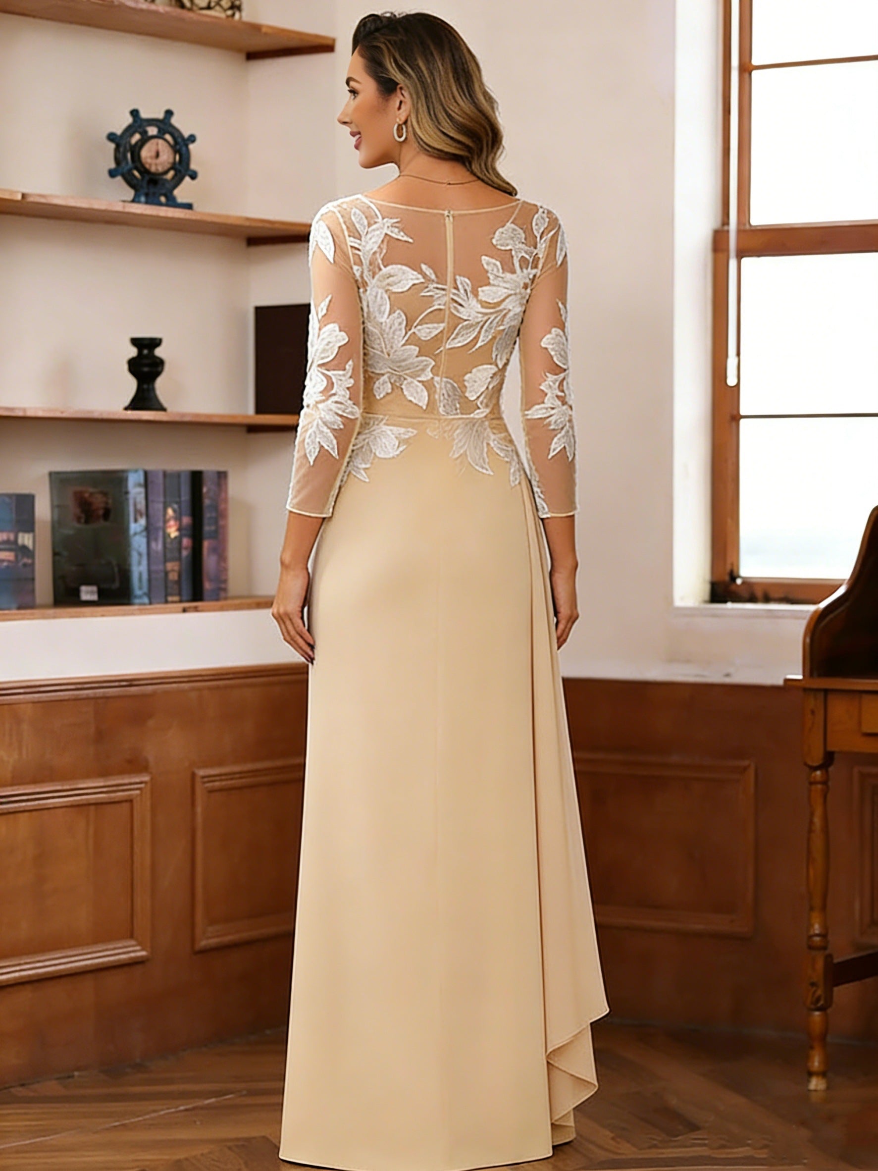 Sheath/Column Scoop Chiffon Mother of the Bride Dresses Ankle-Length 3/4 Sleeves Lace Flower with Overskirt - 画像 (2)