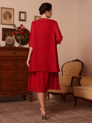 2 Pieces Sheath/Column V-Neck Chiffon Mother of the Bride Dresses with Jacket Beading Knee-Length Half Sleeves