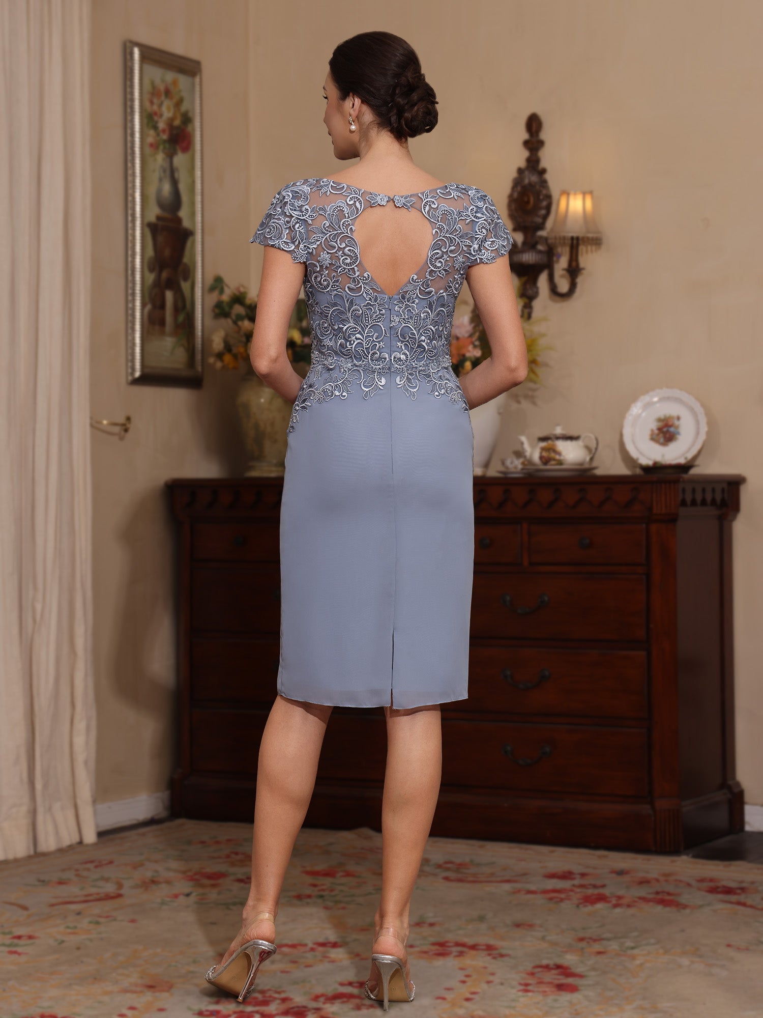 2 Pieces Sheath/Column Scoop Chiffon Mother of the Bride Dresses with Jacket Lace Knee-Length 3/4 Sleeves - Image 4