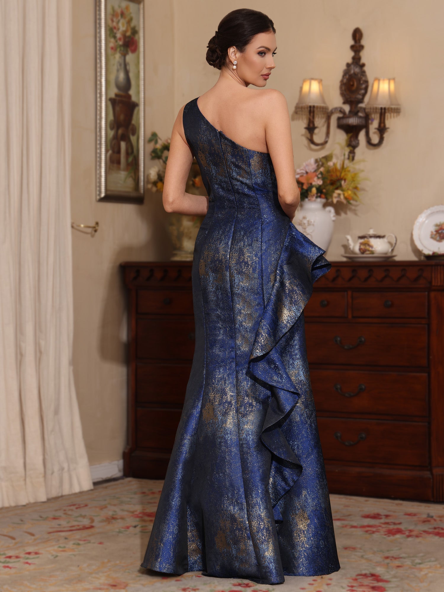 Trumpet/Mermaid One-Shoulder Printed Satin Mother of the Bride Dresses with Split Side Sleeveless Floor-Length - 画像 (2)