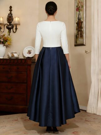 A-Line/Princess V-Neck Satin Mother of the Bride Dresses 3/4 Sleeves Asymmetrical Ankle-Length Lace Ruched