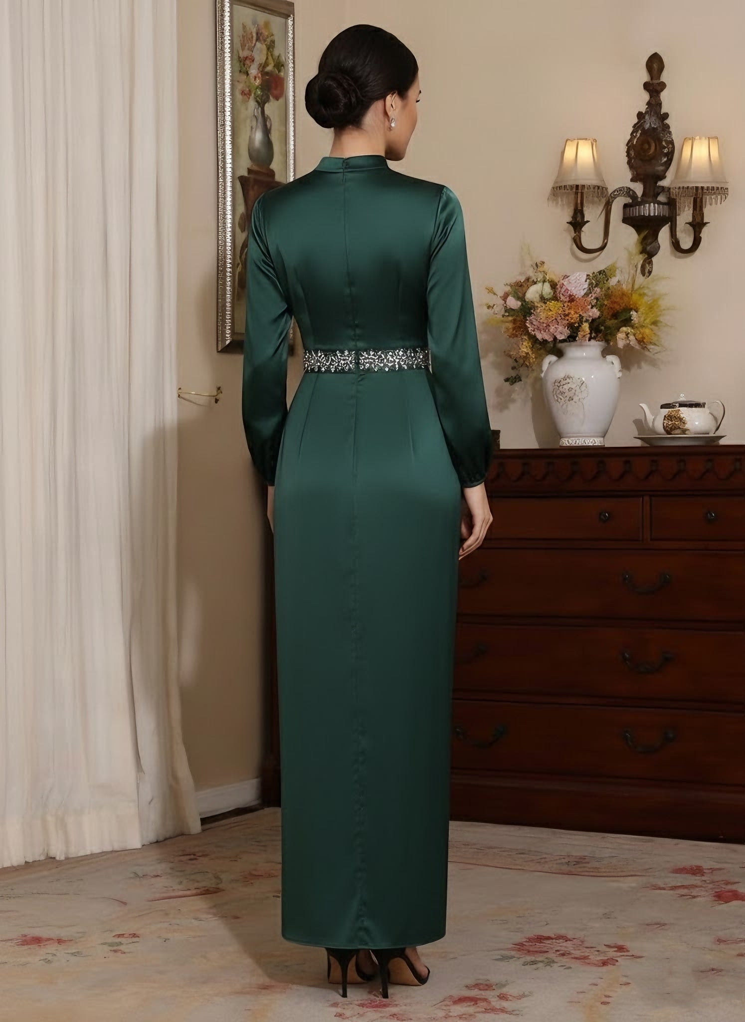 Sheath/Column High Neck Silk Satin Mother of the Bride Dresses Ankle-Length Belt Long Sleeves - Image 2