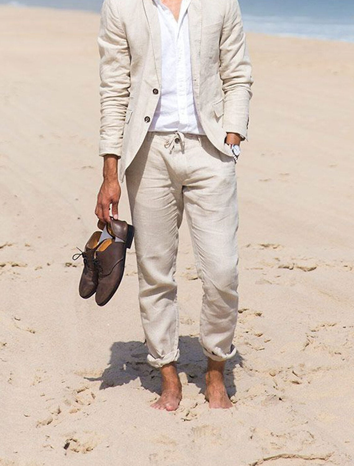 Men's Tailored Fit Single Breasted Two-buttons 2 Piece Solid Colored Linen Suits - 画像 (2)