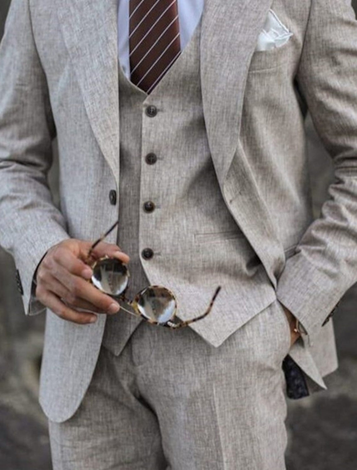 Men's Tailored Fit Single Breasted Two-buttons 3 Pieces Solid Colored Linen Suits - Image 3