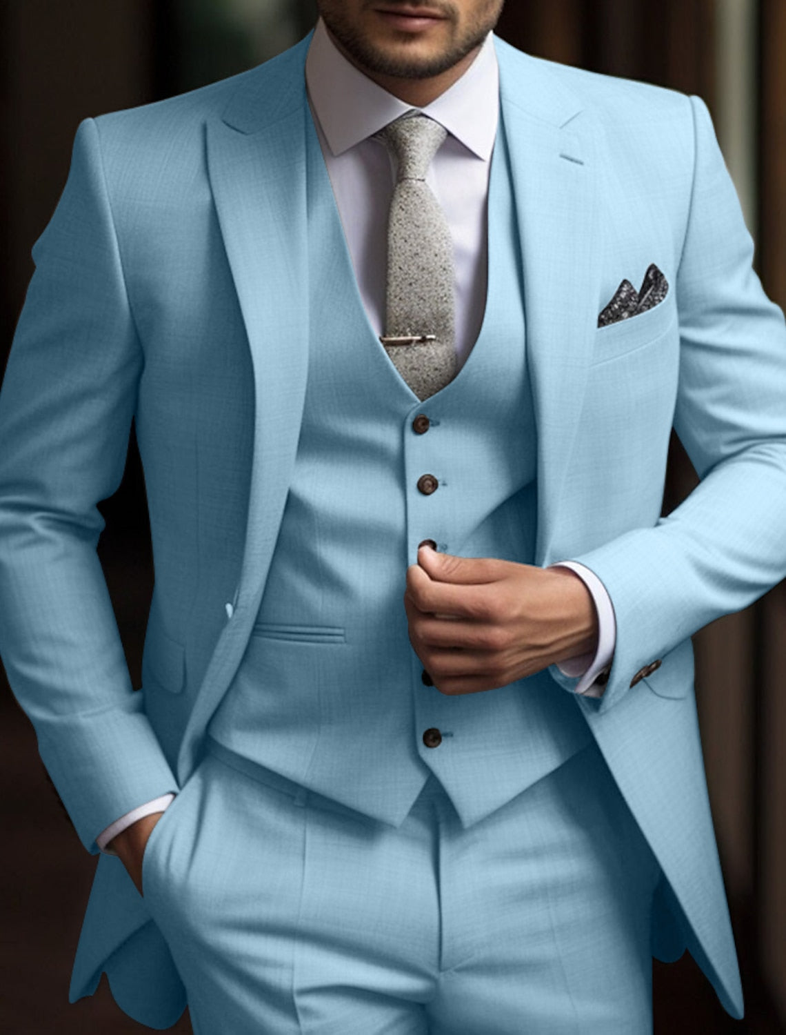 Men's Tailored Fit Single Breasted Two-buttons 3 Pieces Solid Colored Wedding Suits - 이미지 2