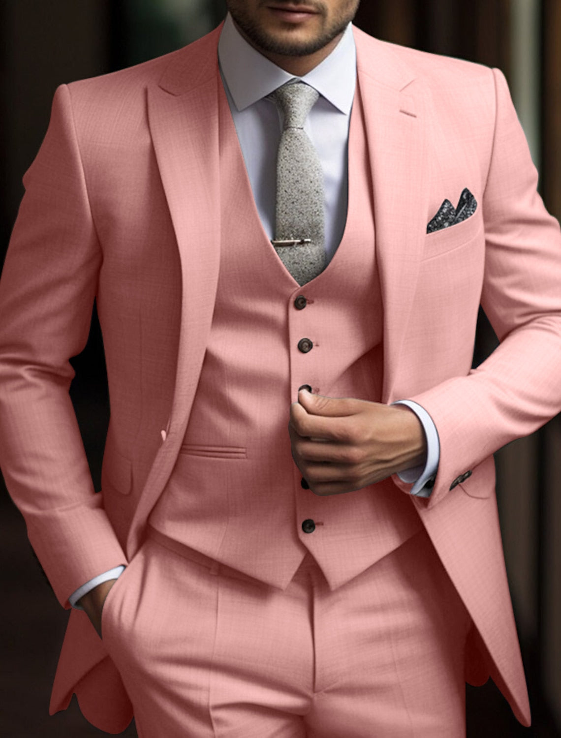 Men's Tailored Fit Single Breasted Two-buttons 3 Pieces Solid Colored Wedding Suits - 이미지 3