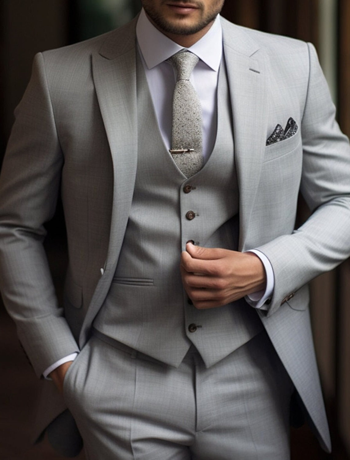 Men's Tailored Fit Single Breasted Two-buttons 3 Pieces Solid Colored Wedding Suits - 이미지 4