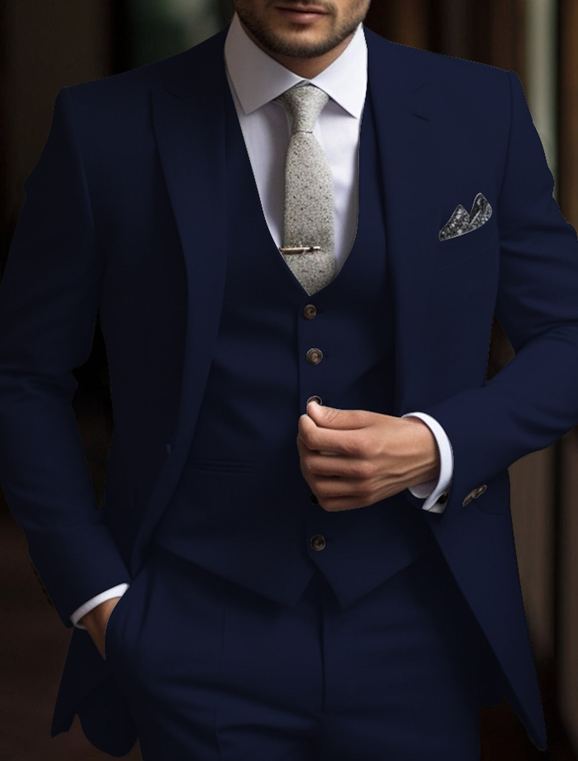 Men's Tailored Fit Single Breasted Two-buttons 3 Pieces Solid Colored Wedding Suits - 이미지 5