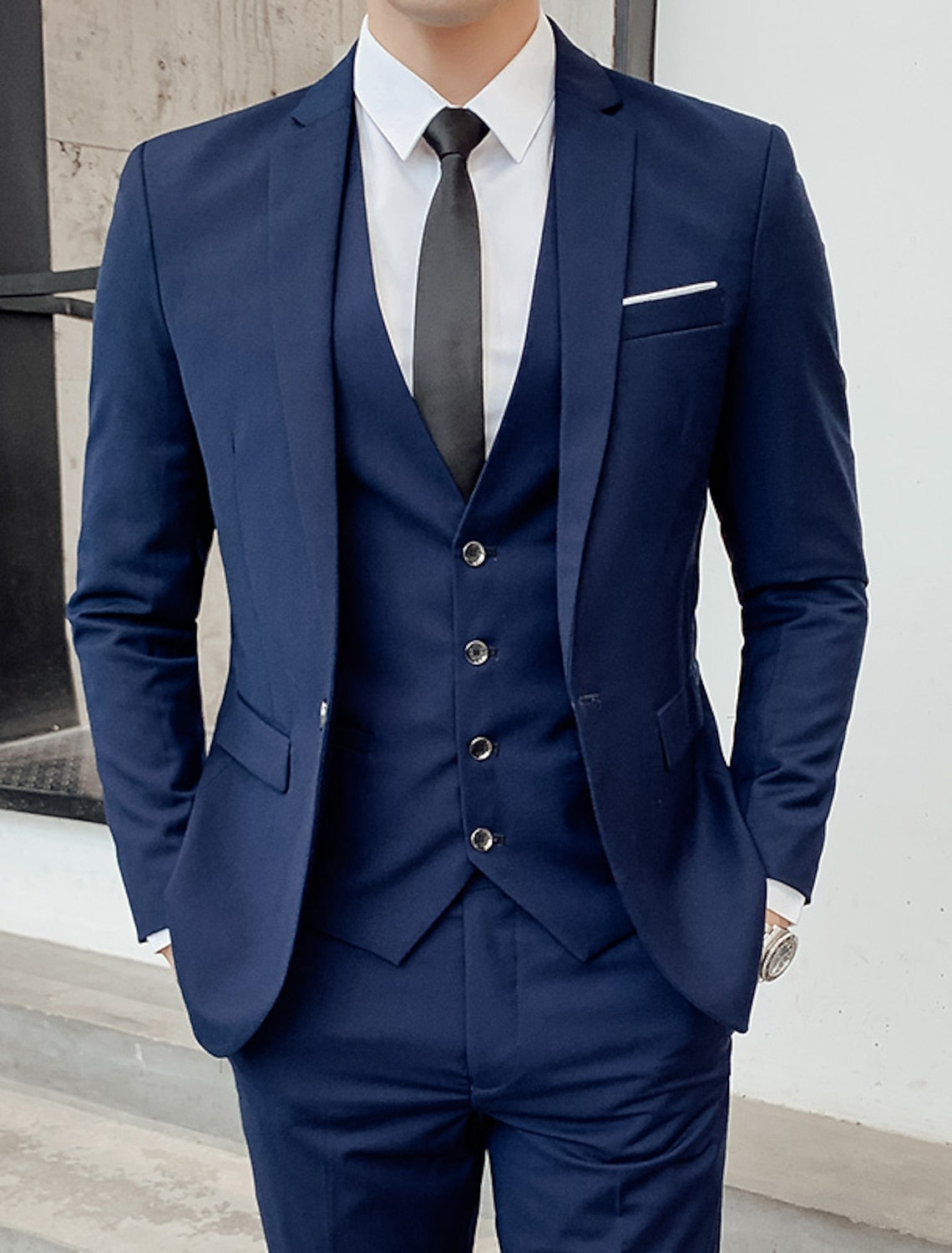 Men's Tailored Fit Single Breasted Two-buttons 3 Pieces Solid Colored Wedding Suits - 이미지 4