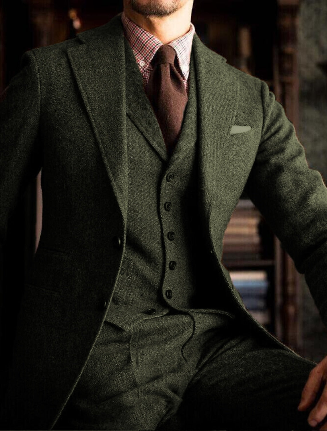 Men's Tailored Fit Single Breasted Two-buttons 3 Pieces Solid Colored Wedding Tweed Suits - Image 2