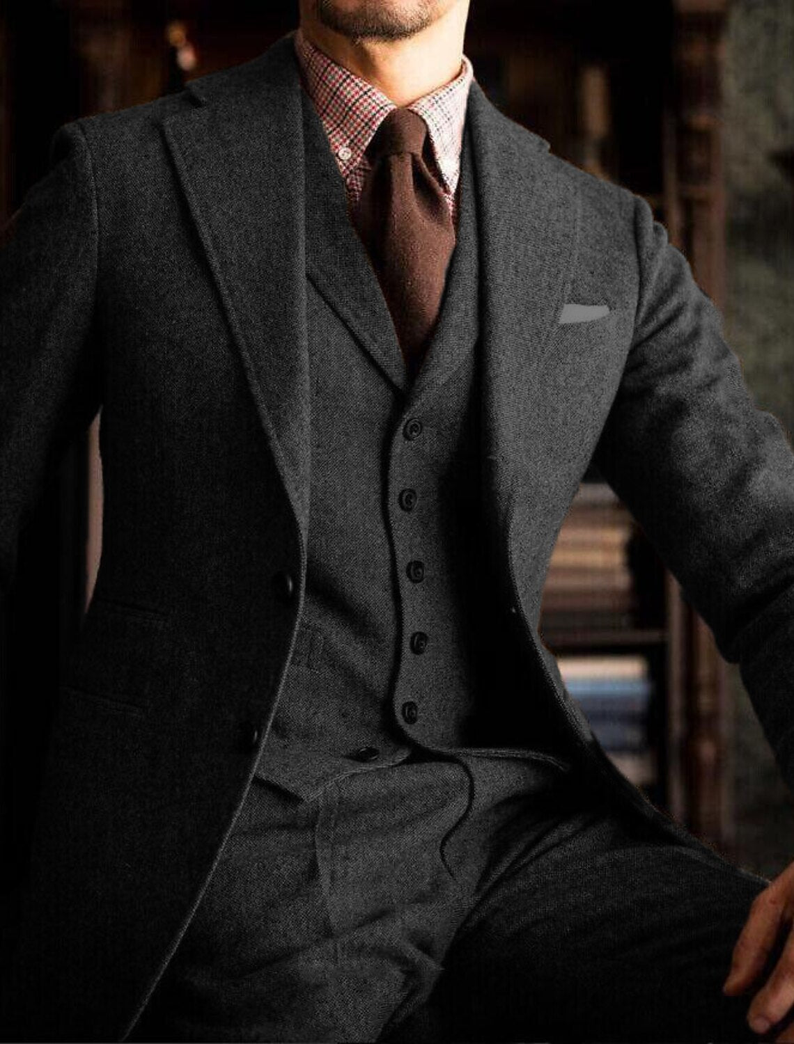 Men's Tailored Fit Single Breasted Two-buttons 3 Pieces Solid Colored Wedding Tweed Suits - Image 5