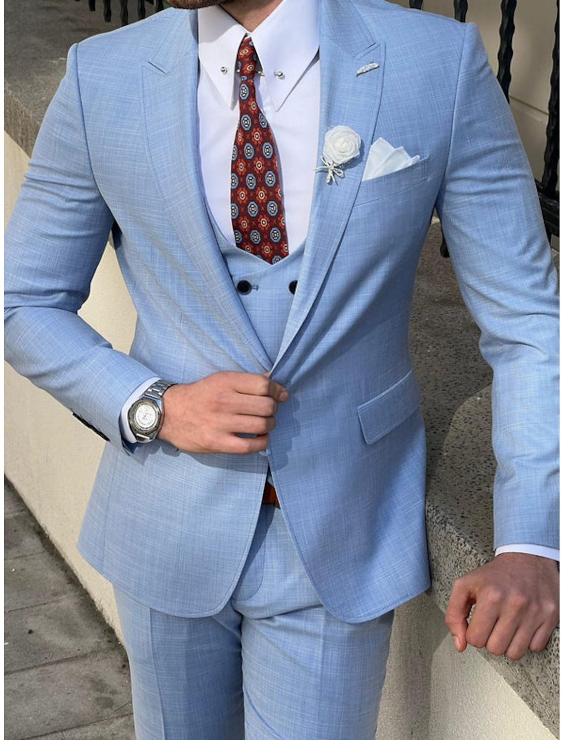 Men's Tailored Fit Single Breasted Two-buttons 3 Pieces Solid Colored Wedding Suits - 이미지 4