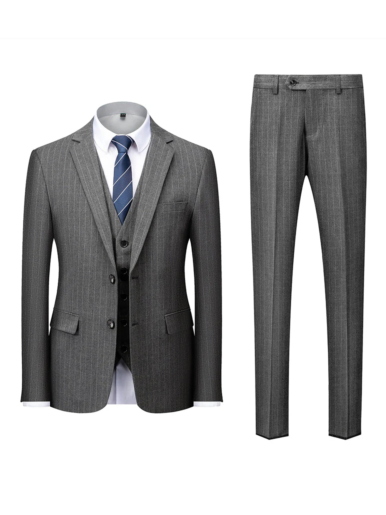 Men's Tailored Fit Single Breasted Two-buttons 3 Pieces Striped Wedding Suits - 이미지 2