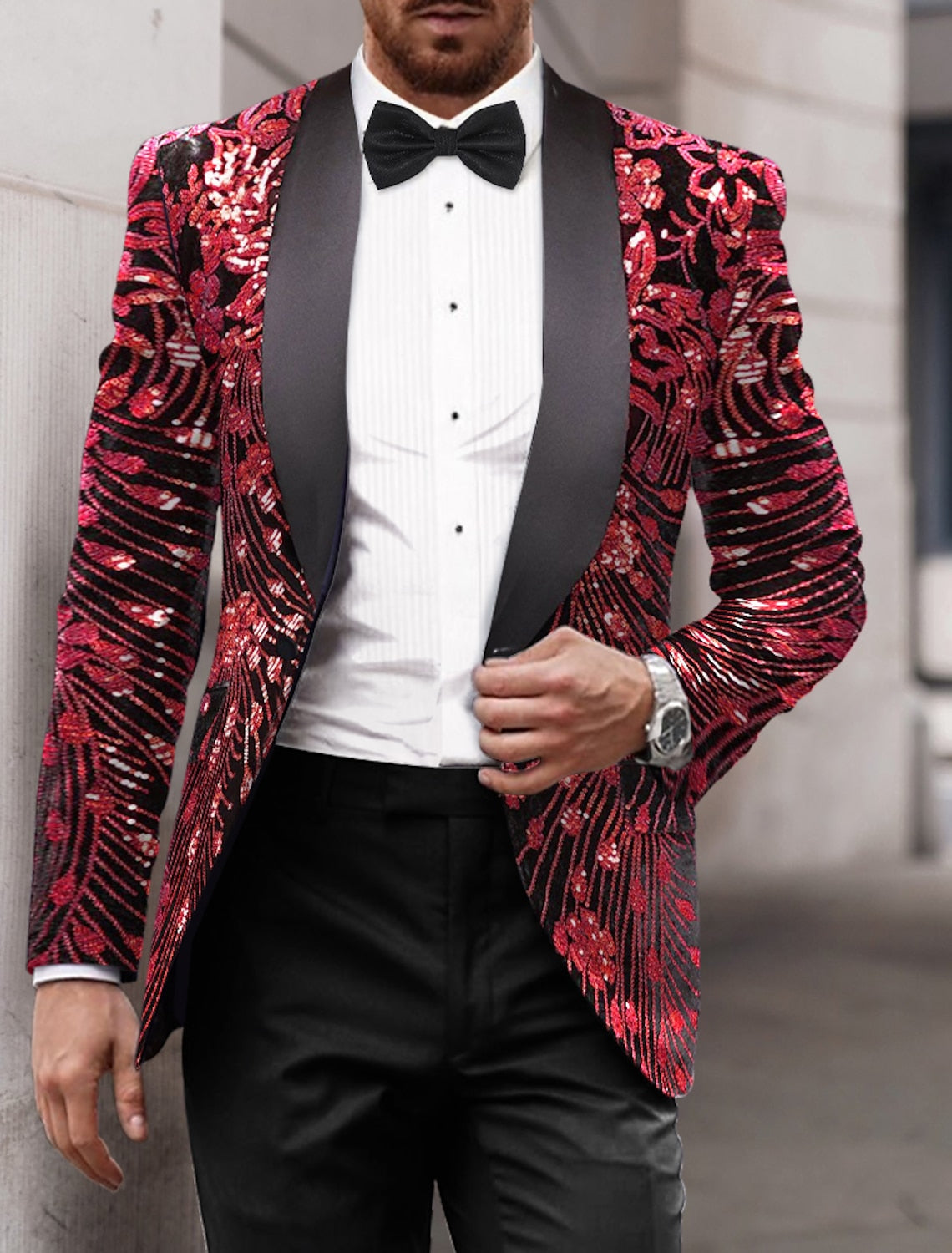 Gold Red Green Men's Tailored Fit Single Breasted One-button Sequins Party Jacket - 画像 (4)