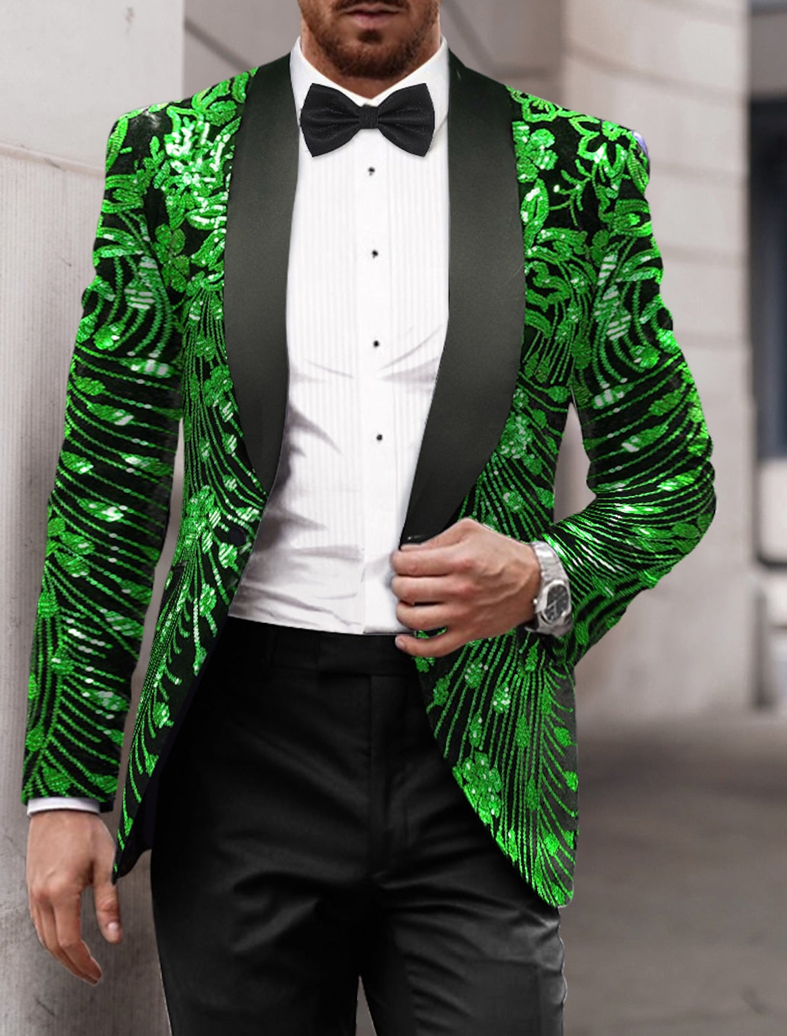 Gold Red Green Men's Tailored Fit Single Breasted One-button Sequins Party Jacket - 画像 (5)