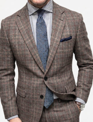 Gray Men's Tailored Fit Single Breasted Two-buttons Plaid Casual Jacket