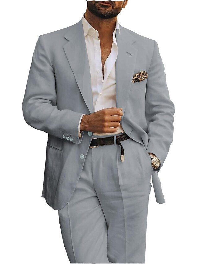 Men's Tailored Fit Single Breasted Two-buttons 2 Pieces Linen Suits - Image 5