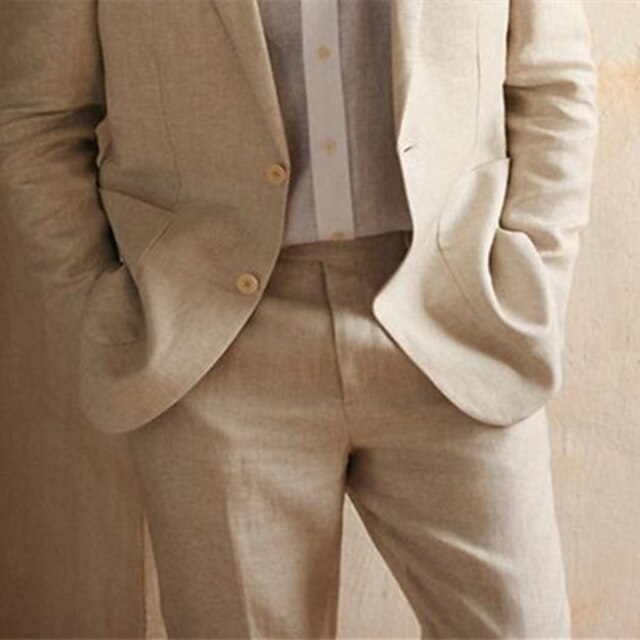 Men's Tailored Fit Single Breasted Two-buttons 2 Pieces Linen Suits - 画像 (2)