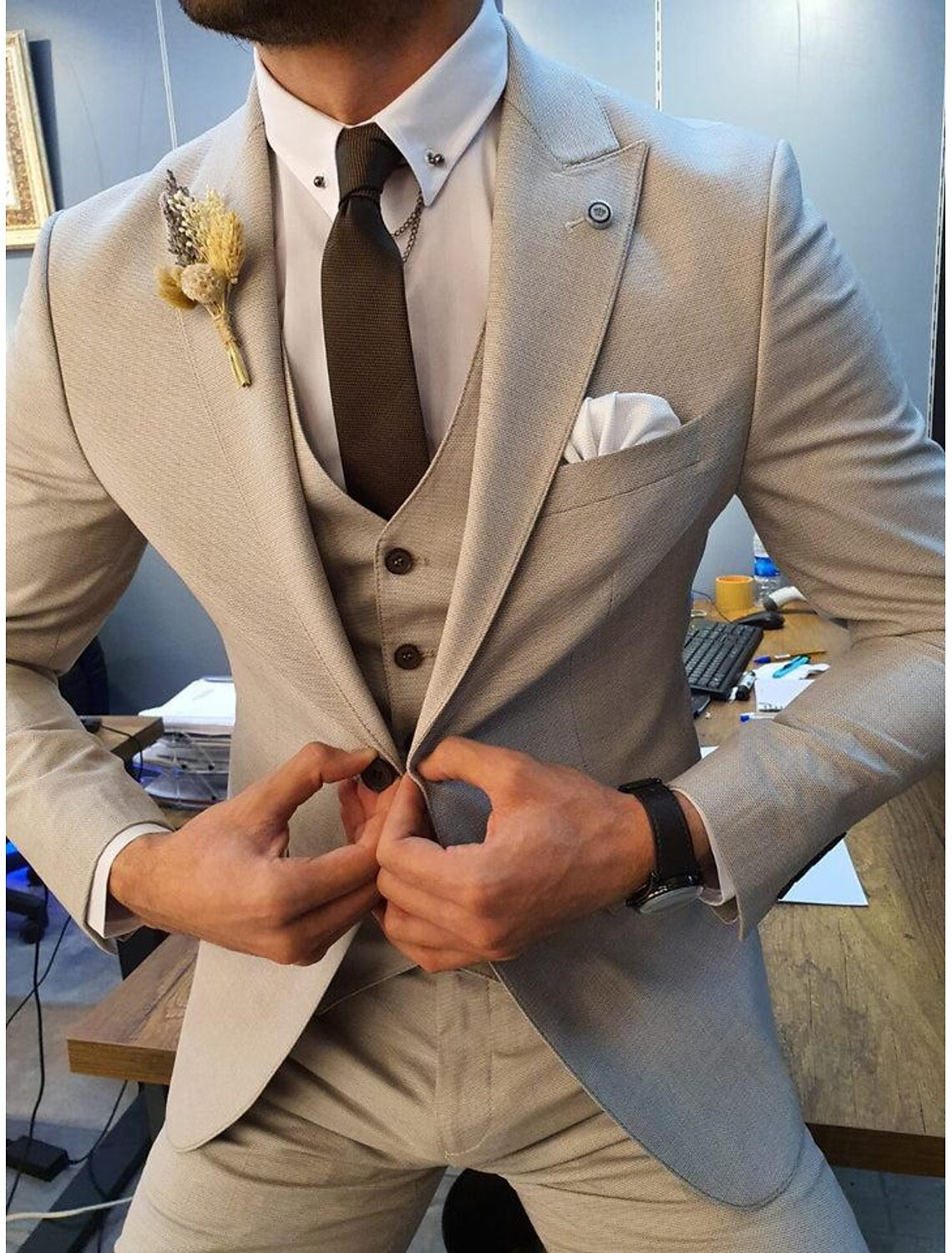 Men's Tailored Fit Single Breasted One-buttons 3 Pieces Business Formal Wedding Suits - 画像 (2)