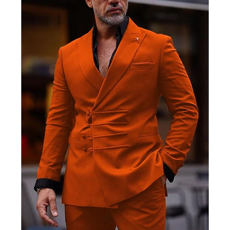 Men's Tailored Fit Double Breasted Six-buttons Solid Colored 2 Piece Prom Wedding Suits - 画像 (6)