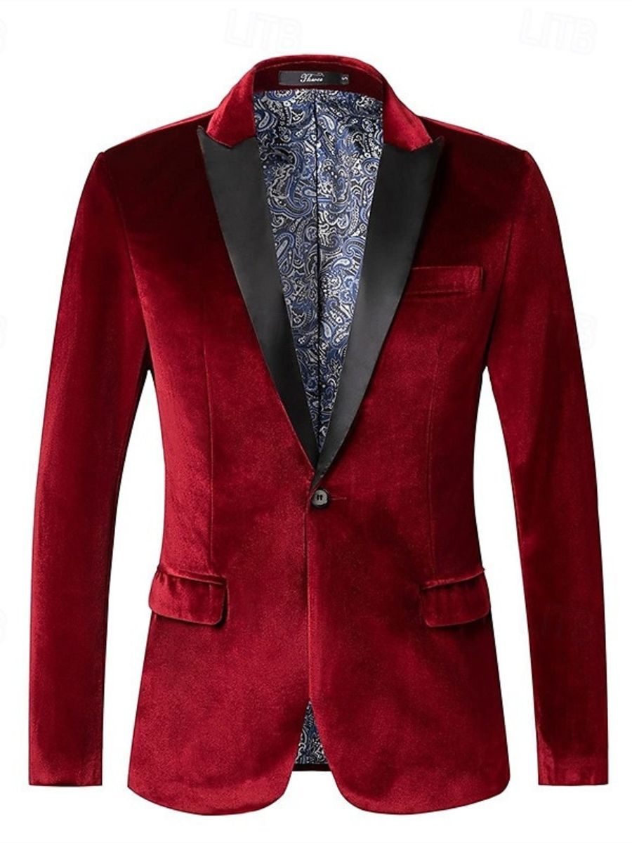 Red Men's Velvet Party Peak Neck Regular Single Breasted One-Button Blazer Jacket - Image 2
